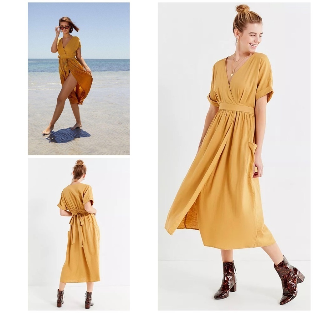 NWT Urban Outfitters UO Gabriella  Mustard Yellow Linen Midi Dress Small​​​​